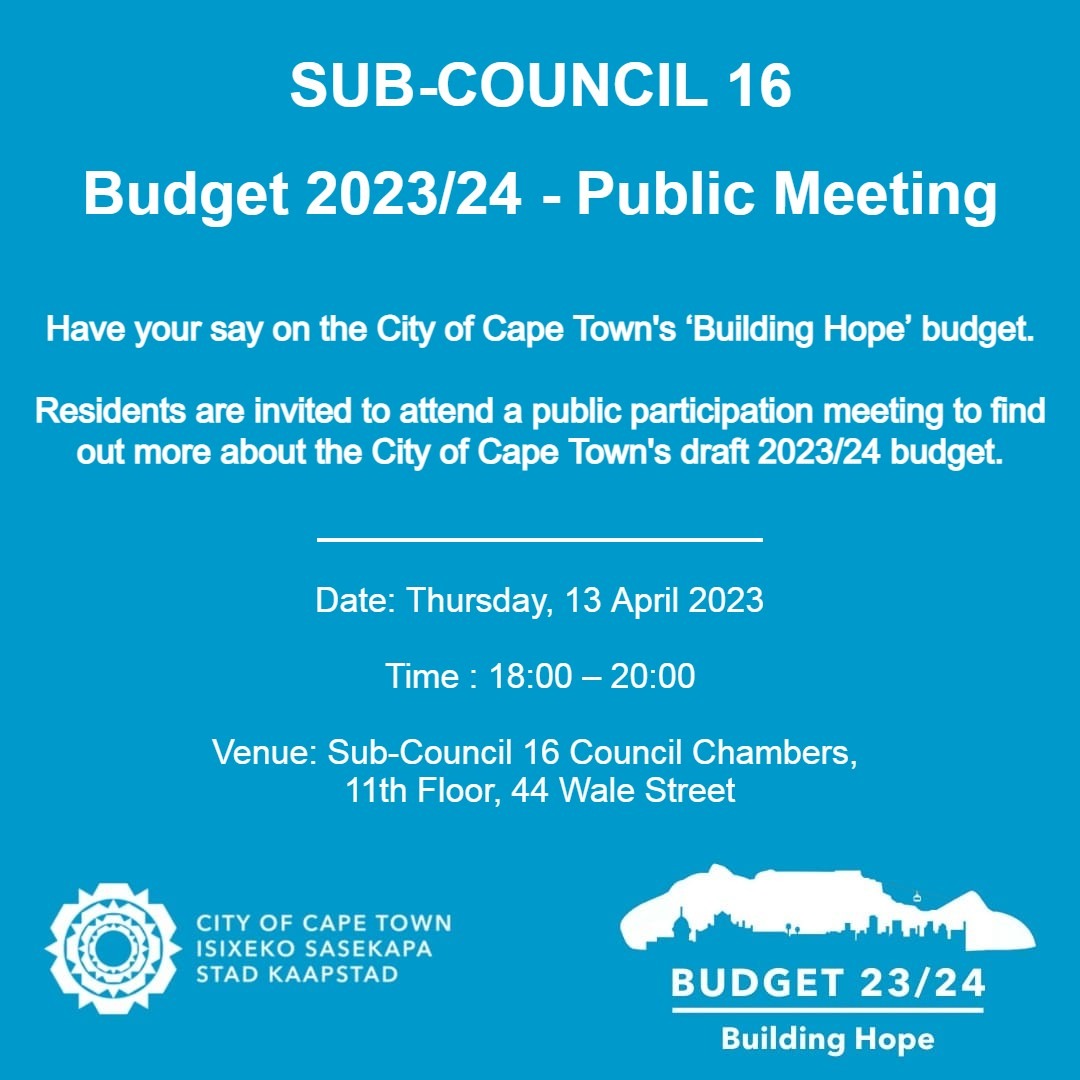 📢 City’s R70bn ‘Building Hope’ draft budget.
Thurs, 13 April at 18:00 at the Sub-Council 16 Chambers - public participation engagement on the draft Budget for the 2023/24 financial year.
The public can submit their comments to the City until 5 May 2023. capetown.gov.za/HaveYourSay