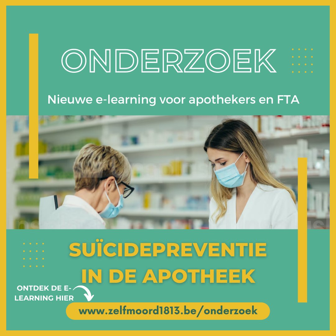 In samenwerking met <a href="/VlaamsApoNet/">VlaamsApoNetwerk</a> ontwikkelden we een nieuwe e-learningmodule over suïcidepreventie voor apothekers en FTA. 

Ben jij een apotheker of FTA en wil je de e-learning in primeur uittesten? 

Surf dan snel naar zelfmoord1813.be/onderzoek
