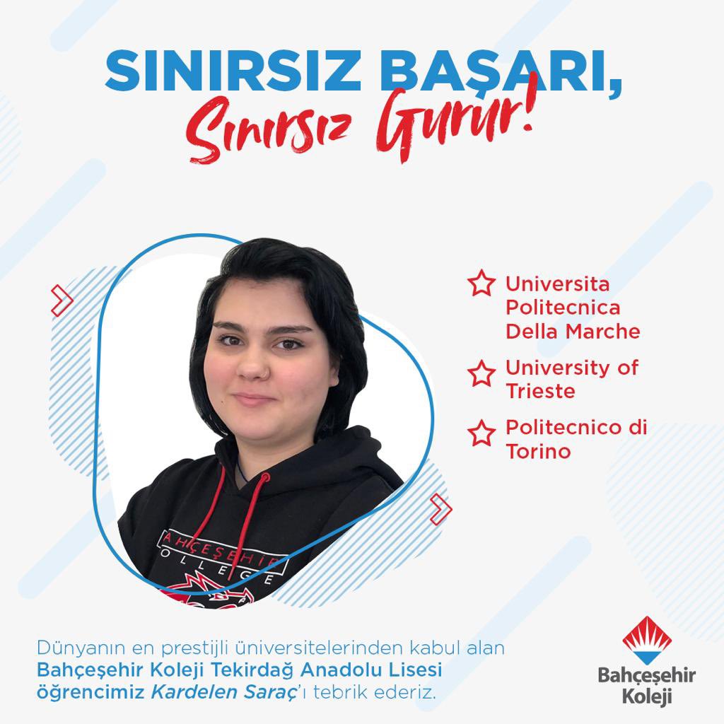 👏🏻Tebrikler Kardelen!

Bahçeşehir Koleji Tekirdağ Anadolu Lisesi öğrencimiz Kardelen Saraç dünyanın en prestijli üniversitelerinden kabul aldı.

🌟Universita Politecnica Della Marche
🌟University of Trieste
🌟Politecnico di Torino 

Gururluyuz! ❤️💙
Yolun açık olsun Kardelen 👏🏻