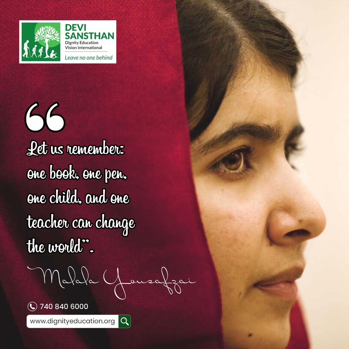 “Let us remember: One book, one pen, one child, and one teacher can change the world.” - Malala Yousafzai 
#EducationMatters #ChangeTheWorld #OneBookOnePen #EducationForAll #MalalaYousafzai #EmpowerThroughEducation #EducateTheWorld #EducationalEquality #DEVISansthan