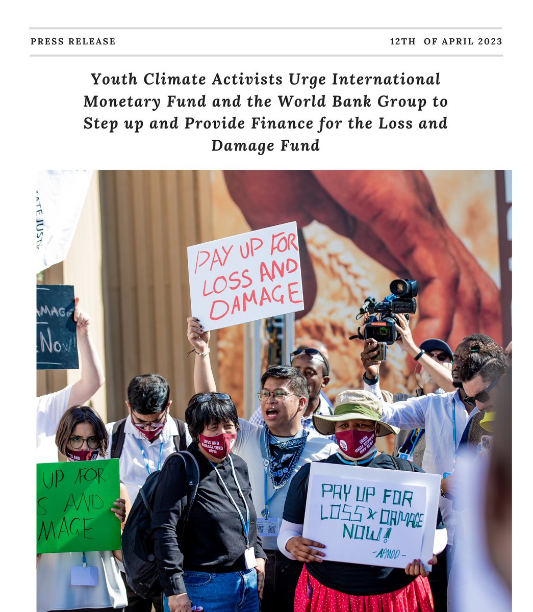 Loss and Damage Youth Coalition (@lossdamageyouth) on Twitter photo 1/11.📢: Today, youth #climate activists from the <a href="/LossDamageYouth/">Loss and Damage Youth Coalition</a> call on the <a href="/IMFNews/">IMF</a> and <a href="/WorldBank/">World Bank</a> to support the Loss and Damage Fund. The time for action on #LossAndDamage is now.
🔗: Find the press release here: bit.ly/3Gy2b9i
#ClimateAction 1/11.📢: Today, youth #climate activists from the <a href="/LossDamageYouth/">Loss and Damage Youth Coalition</a> call on the <a href="/IMFNews/">IMF</a> and <a href="/WorldBank/">World Bank</a> to support the Loss and Damage Fund. The time for action on #LossAndDamage is now.
🔗: Find the press release here: bit.ly/3Gy2b9i
#ClimateAction