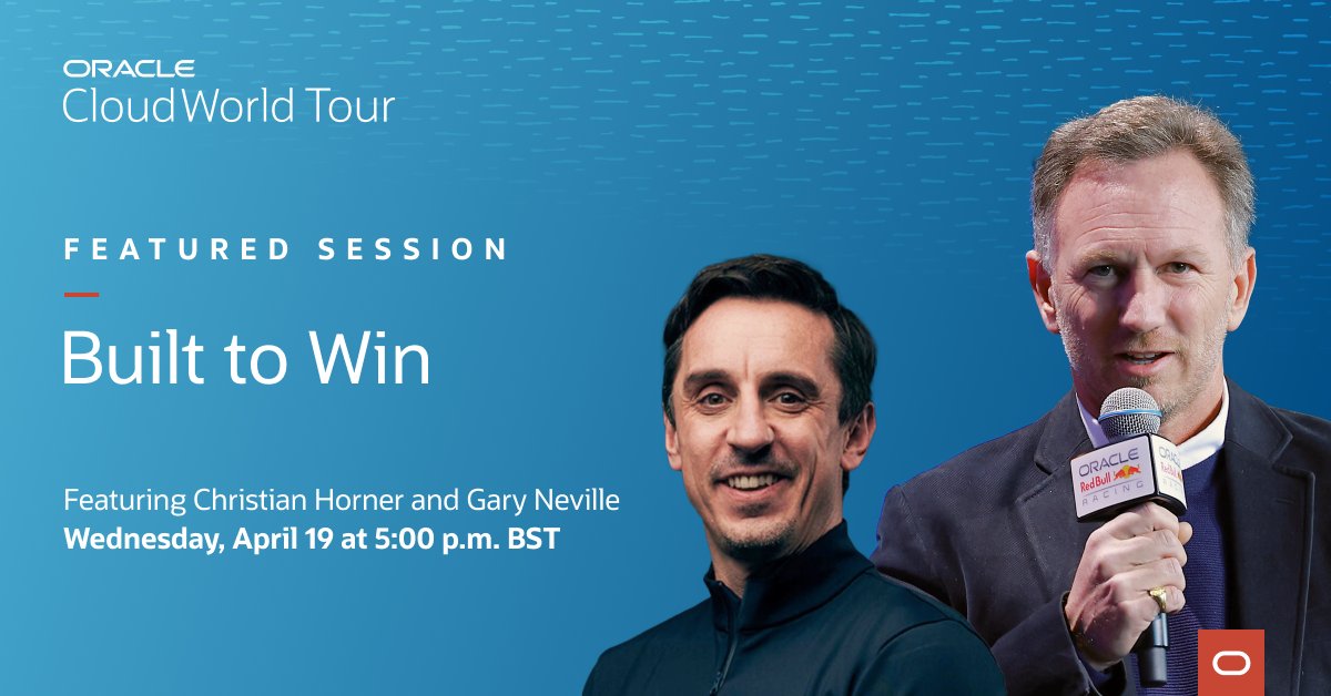 SandraWasseur's tweet photo. Register for Oracle #CloudWorld Tour London, April 19th, to join Christian Horner from @redbullracing and Gary Neville in the closing keynote where they will share insights and experiences on using #data analytics for winning strategy and predictions. https://t.co/MpwWxDHkBr #OCW https://t.co/qX8TjFVb8l