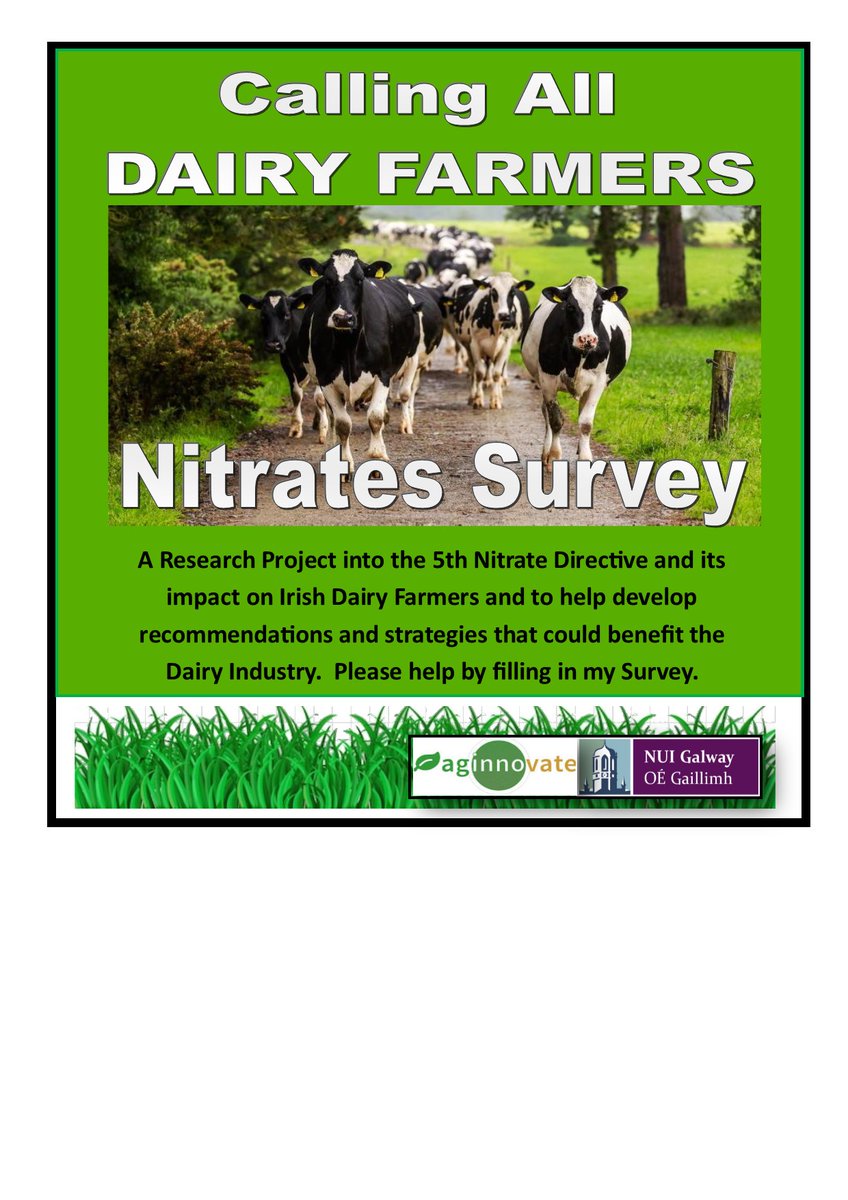 Irish Dairy Farmers Please complete my survey! forms.office.com/e/HJHmYjAfBb  I'm a studying Masters in Ag. Innovation &amp; researching impact of 5th Nitrates Regulation.  Can you please RT and share. 
<a href="/Farming_Indo/">Farming Independent</a> <a href="/AgriAware/">Agri Aware</a> <a href="/icmsa/">ICMSA</a> <a href="/thatsfarming/">thatsfarming.com</a>