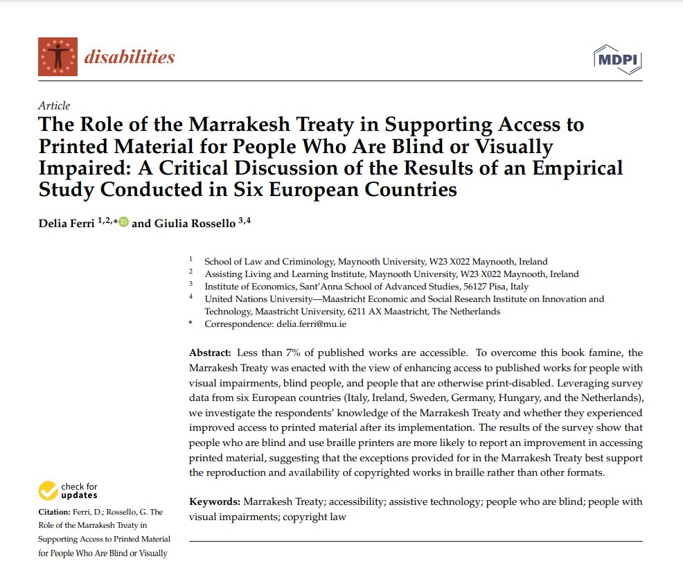 📕The Role of the #MarrakeshTreaty in Supporting Access to Printed Material for People Who Are #Blind or #VisuallyImpaired: A Critical Discussion of the Results of an Empirical Study Conducted in Six European Countries
New paper by Ferri et al.
Full paper👉mdpi.com/2673-7272/3/2/…