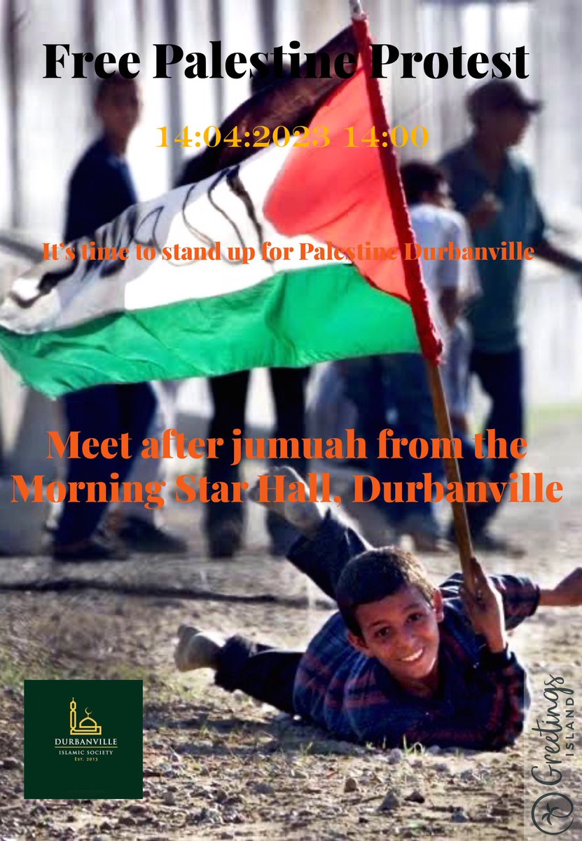 DIslmSoc's tweet photo. Salaam all, please join our planned protest on Friday after jumuah. We will leave the Morning Star Hall at 14:00 and walk on the pavement to wellington road intersection with De Villiers Street.

We have to bring attention to the plight of our brothers and sisters in Palestine. https://t.co/1BwpMYX18X