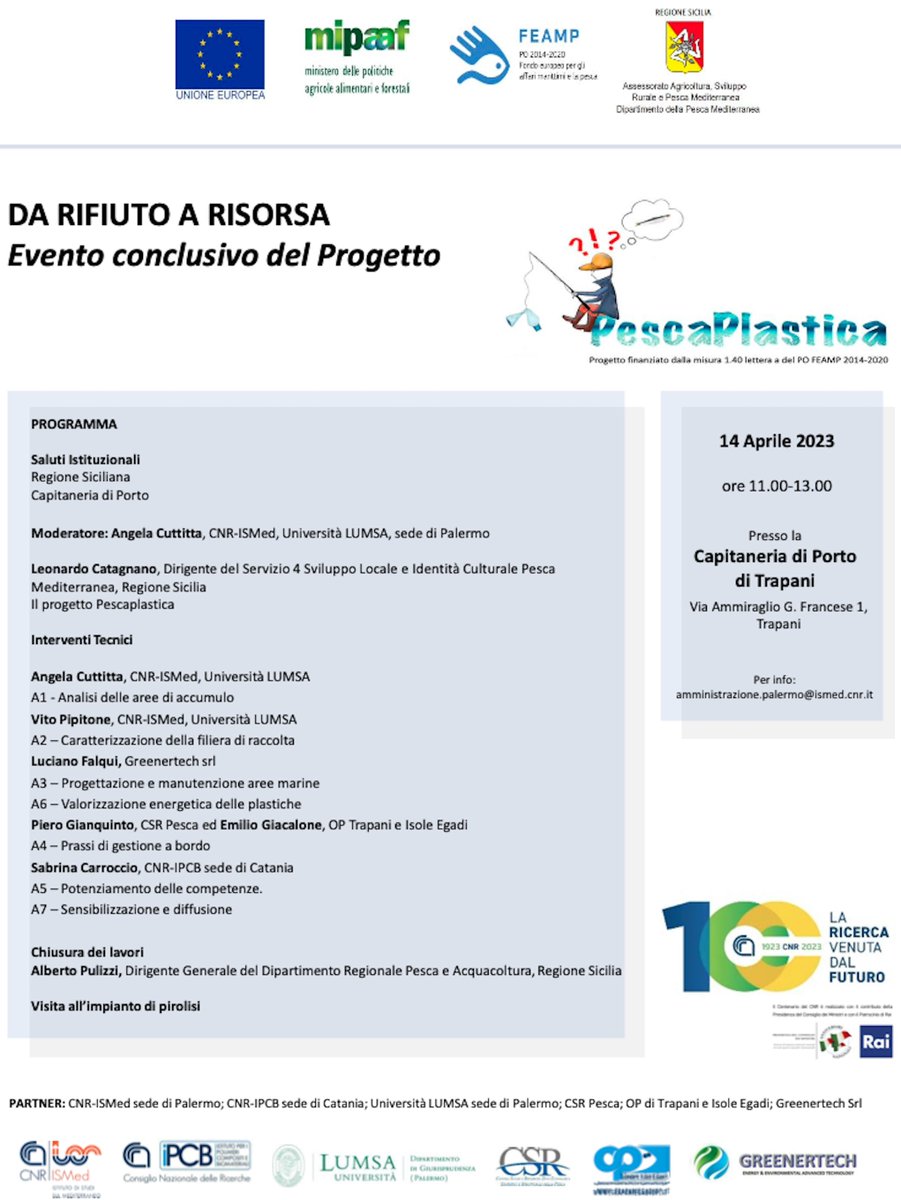 EnJoiPol1's tweet photo. Il 14 Aprile, a Trapani, @SabrinaCarrocc1, @GiuCurcuruto, @MercorilloGiusy, e @A_Scamporrino rappresenteranno @CnrIpcb e tutto il gruppo @EnJoiPol1  all’Evento conclusivo di PescaPlastica. Buon lavoro! @pofeamp @Regione_Sicilia @ISMed_CNR @UniLUMSA @GreenertechSrl. https://t.co/1wBfUwwCGP