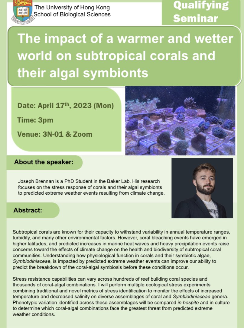 stable_isodope's tweet photo. Save the date! #BakerLab student @JoeintheO gives his qualifying seminar on Mon 17th April - join to hear what a turbid future under climate change might mean for corals & their symbionts. 3pm in 3N-01 & Zoom, all are welcome! 🪸🌦️🌪️
#phdchat #climatechange #isotopes
#symbiosis https://t.co/WwHcO6nTsD