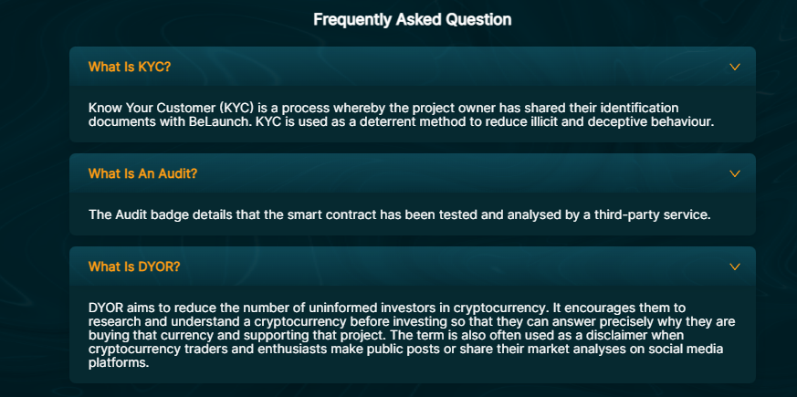 BeLaunch_'s tweet image. Frequently Asked Question 

What is #KYC ?

What is an #audit ?

What is #DYOR ? 

We are a decentralized #launchpad   - we respect every decision you make, but we have ways to protect the interests of our users, communities and partnerships 👌