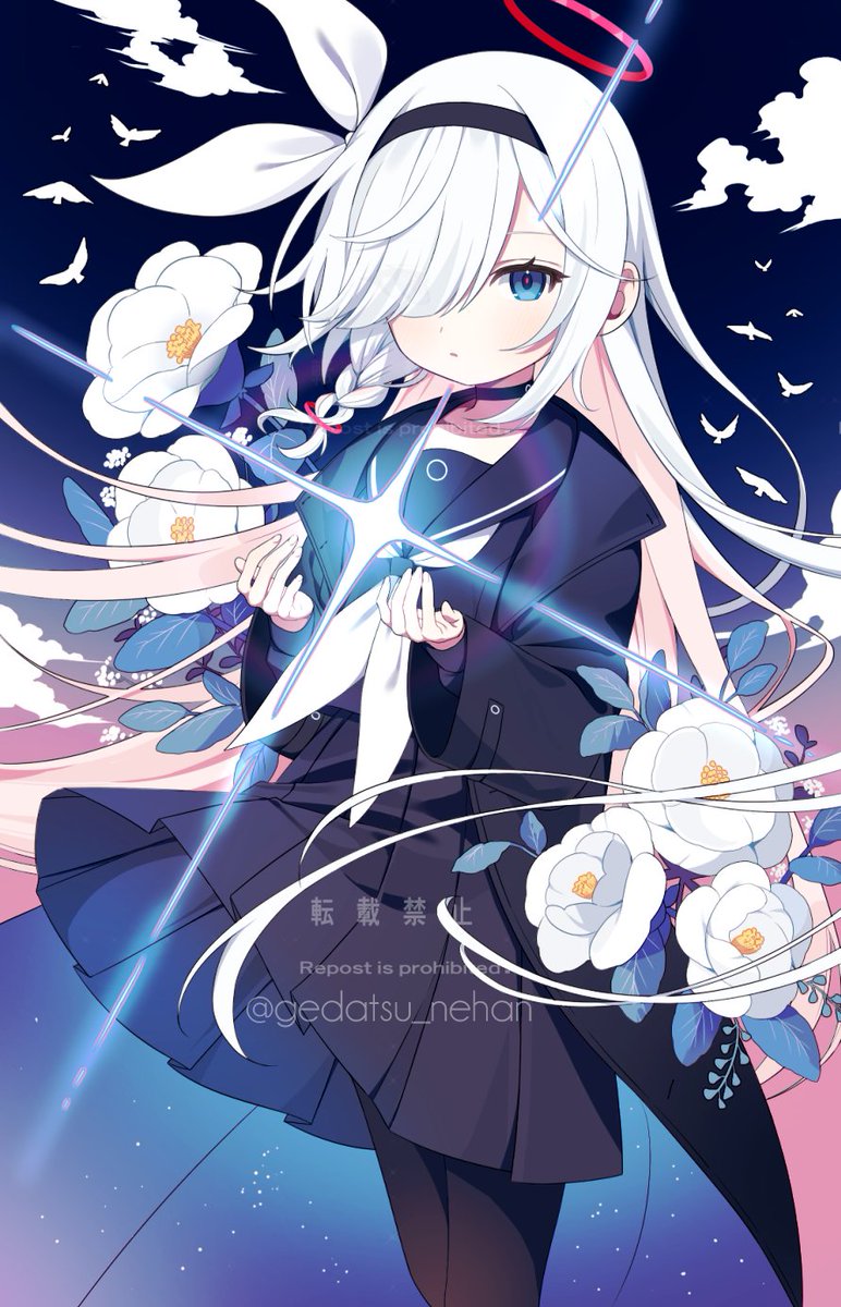 1girl white hair blue eyes long hair hair over one eye flower solo  illustration images