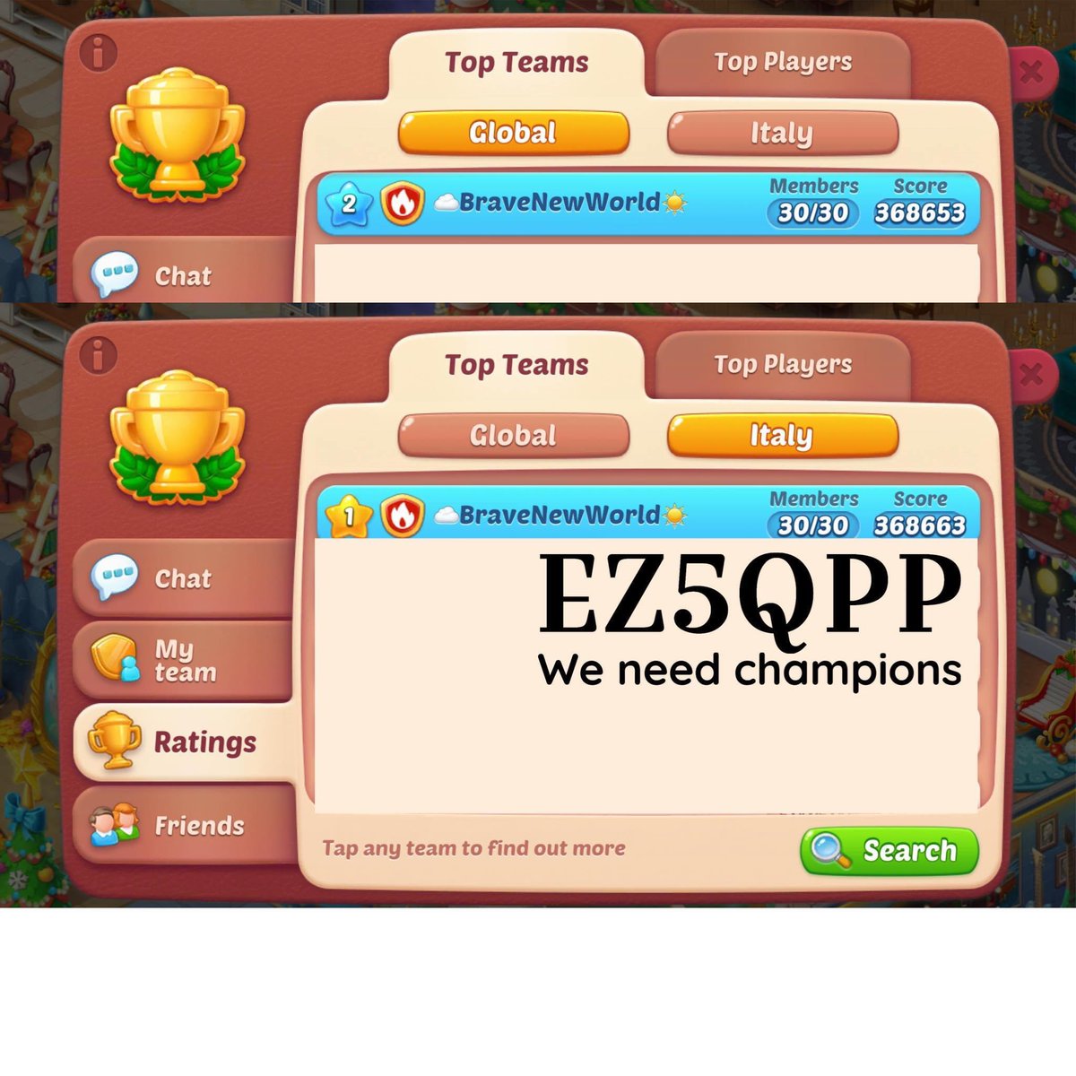 LiaDelVentoBNW's tweet image. HOMESCAPES 🌈 We need active champions.
Id team: EZ5QPP …team name: ☁️BraveNewWorld☀️
#homescapes #playrix #liadelvento