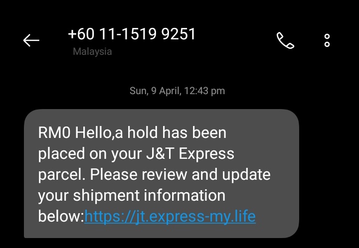 Almost fell for a scam 👁👄👁 so I'm sharing this here to warn other Malaysians. Few days ago I got a message saying that a jnt parcel was on hold. I checked my shopee "to receive" tab to see if any of those were sent using jnt but all of them were either Shopee express or