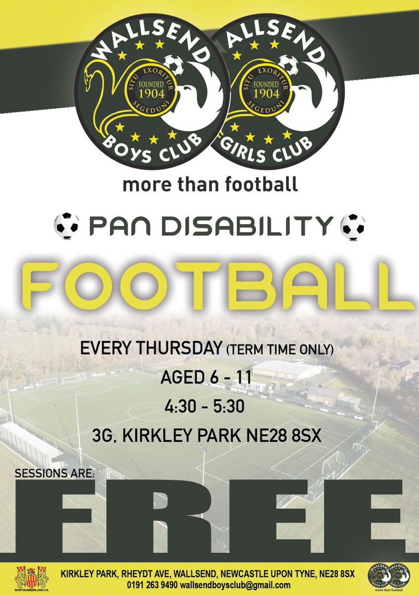 Pan-Disability football @WallsendBoysFC! Come along and make new friends @NorthumFA's Inclusion Hubs.

Recreational turn up and play sessions for SEN Children during the term time. 

#FootballForAll #DisabilityFootball