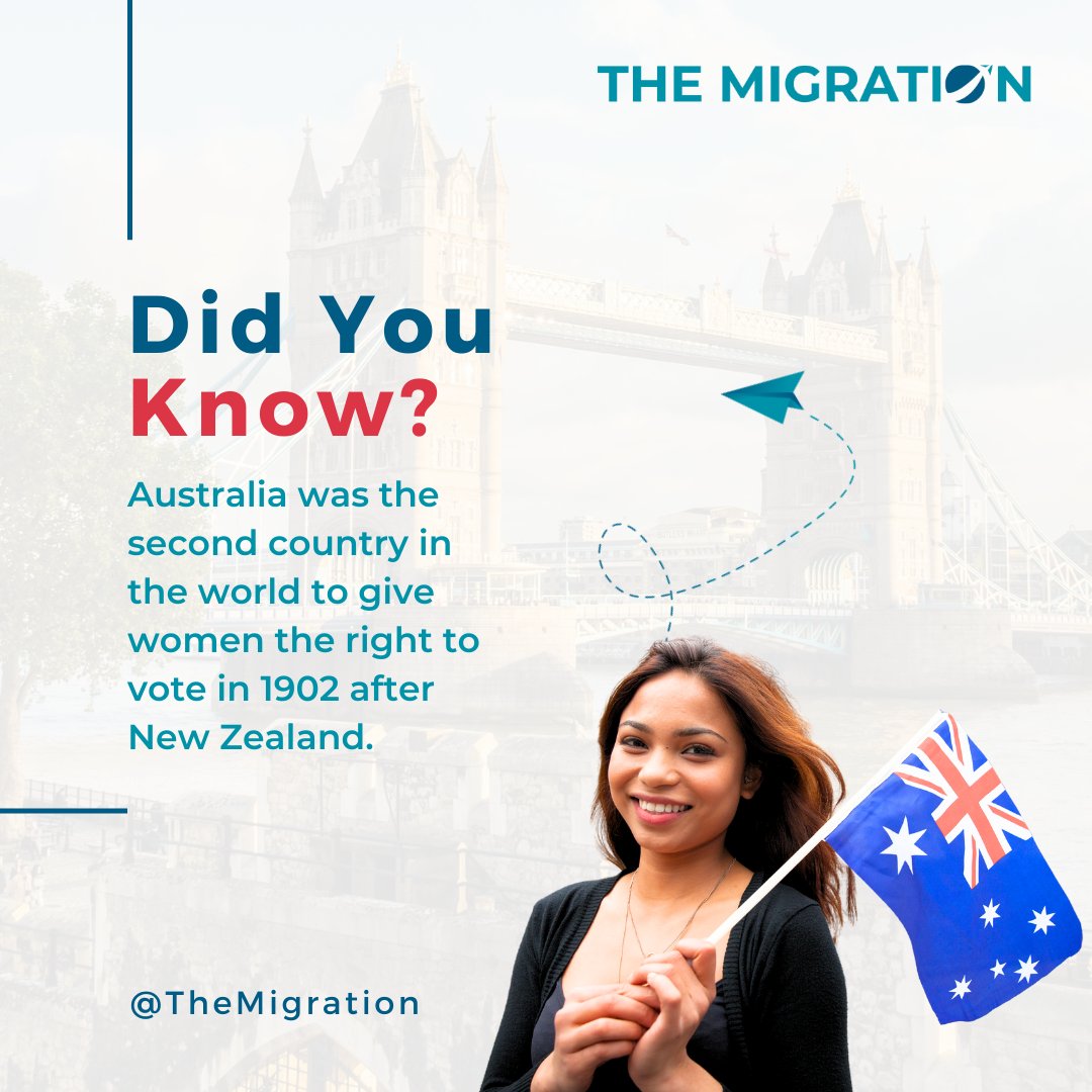 TheMigrationAU's tweet image. Although Australian women gained the right to vote in 1902, it was after New Zealand women. ♀️

🇦🇺But Australia became the first country to provide women with the right to vote as well as a voice in government. 

#themigration #australia #maraagent #didyouknow #funfact