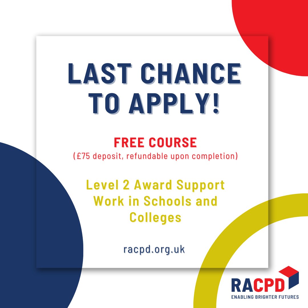 RACPD (@racpd) on Twitter photo ⚡ LAST CHANCE TO APPLY ⚡ For a limited time only, we are offering the Level 2 Support Work in Schools and Colleges course for FREE (£75 deposit refundable upon completion). Contact us at info@racpd.org.uk to apply. #Teaching #Education #Support ⚡ LAST CHANCE TO APPLY ⚡ For a limited time only, we are offering the Level 2 Support Work in Schools and Colleges course for FREE (£75 deposit refundable upon completion). Contact us at info@racpd.org.uk to apply. #Teaching #Education #Support