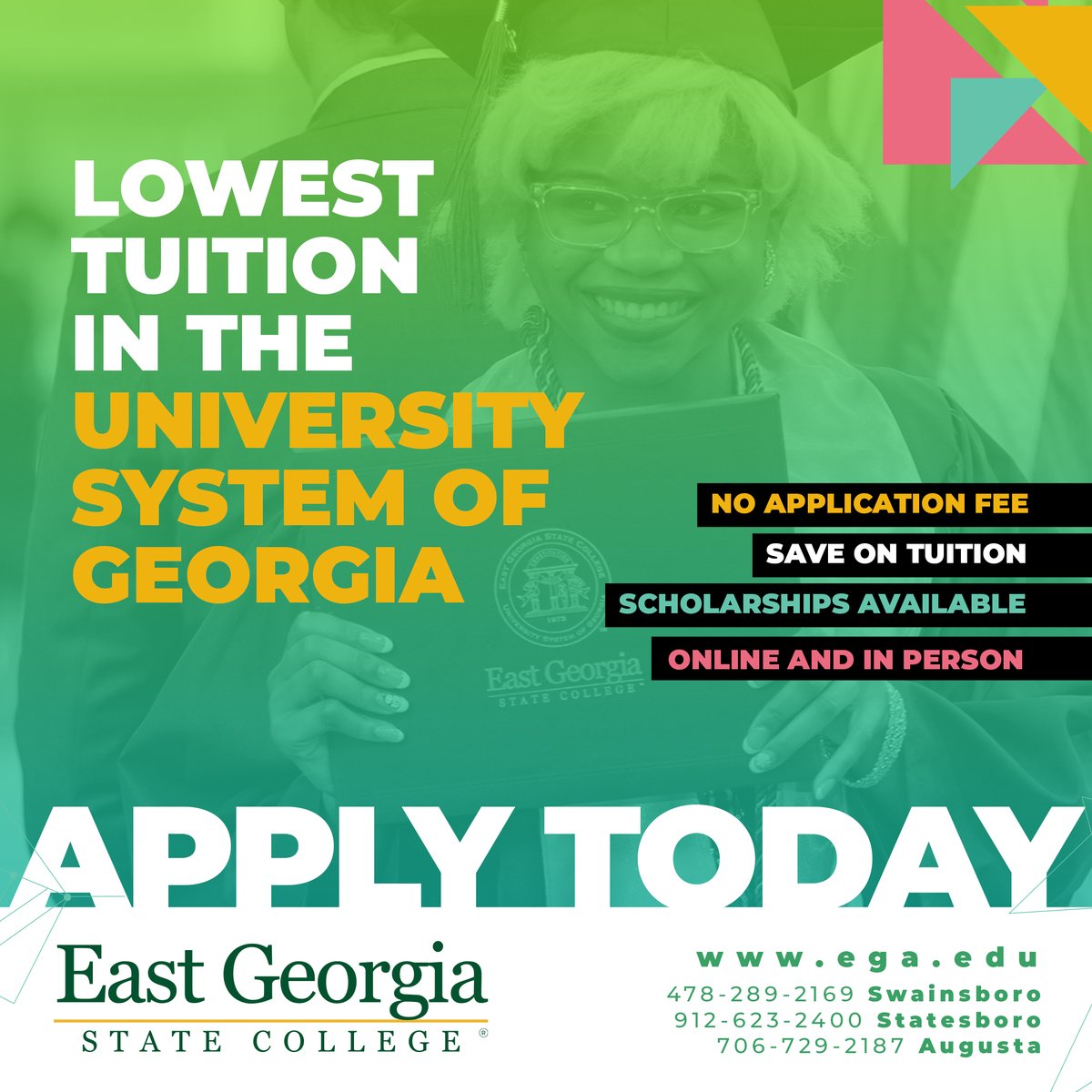 EastGaCollege's tweet photo. East Georgia State College is proud to be the most affordable college in the University System of Georgia!

We strive everyday to keep costs down to offer affordable, higher education to our students!

Learn more about our tuition and fees here ➡️ https://t.co/0mz5levmxj 

 ... https://t.co/xBucuk42Cy
