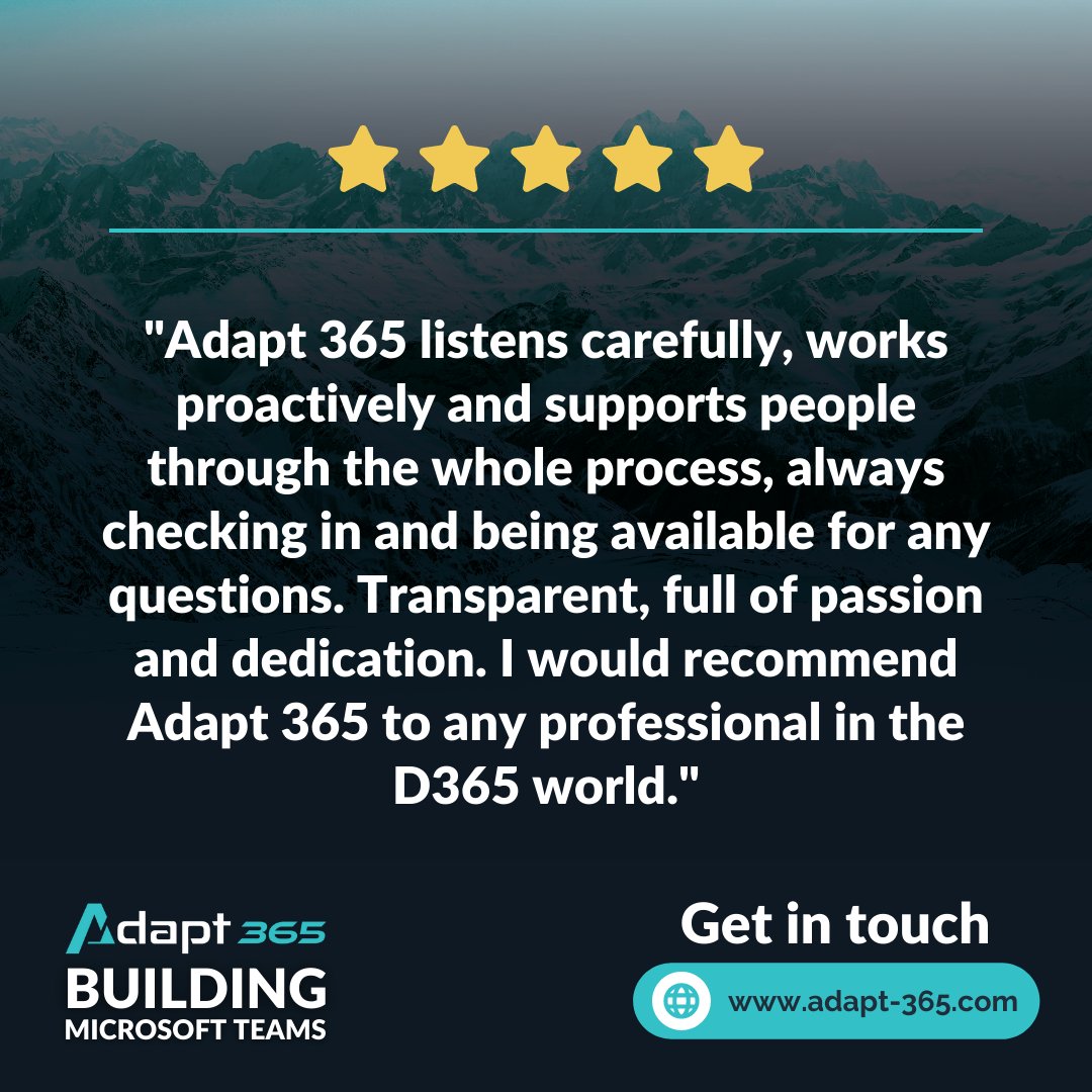 Adapt_365's tweet photo. Adapt 365 helps Microsoft projects to be delivered in a time and cost-effective manner ⭐️

If you’re looking to hire someone with Microsoft experience, or you’re looking for a new position - get in touch! 🙌

#d365 #dynamics365 #msdyn365 #techjobs https://t.co/d61dq8Pg5Q
