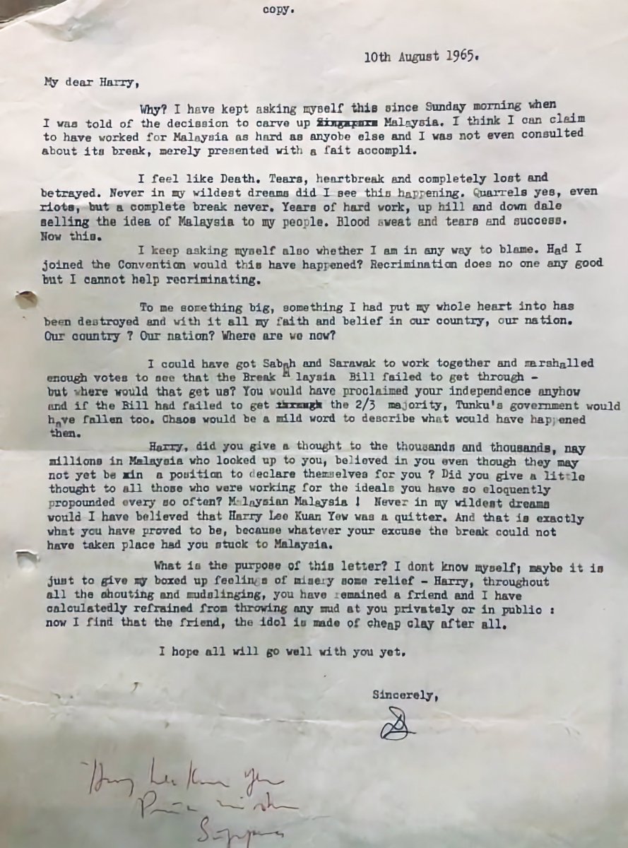 amerhadiazmi's tweet image. At this juncture, I'm reminded of this letter – a very raw and personal one – by the late Tun Stephans to the late Lee Kuan Yew, a day after Separation.

"I feel like Death. Tears, heartbreak and completely lost and betrayed. Never in my wildest dreams did I see this happening."