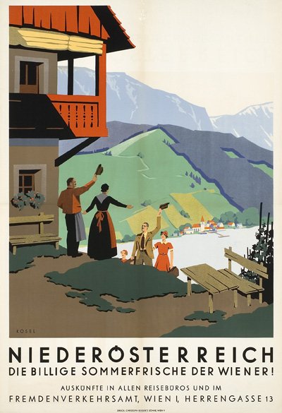 GermanAtPompey's tweet photo. 'Niederösterreich - die billige Sommerfrische der Wiener!' 1935 Austrian tourism poster designed by Hermann Kosel https://t.co/iwAKdFPfM6