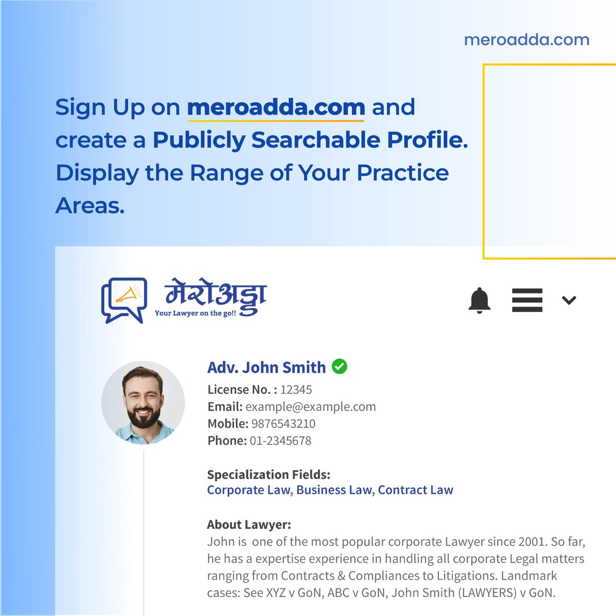 MeroAdda's tweet photo. Join MeroAdda for free and showcase your profile and contact details to the world. Answer legal questions and generate free case leads. Grow your practice and help others. #Lawyers #LegalSolution https://t.co/xES1ngA82b