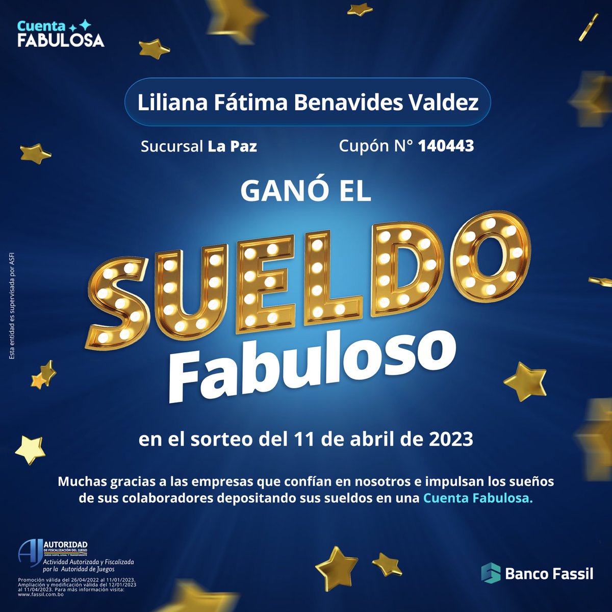 ¡Ya conocemos a la ganadora del #SueldoFabuloso!
 
¡Muchas felicidades, Liliana, hoy tus sueños empezarán a hacerse realidad!
 
Gracias a todas las empresas que apoyan a sus colaboradores depositando su sueldo en el Banco donde están las oportunidades.
 
#CuentaFabulosa