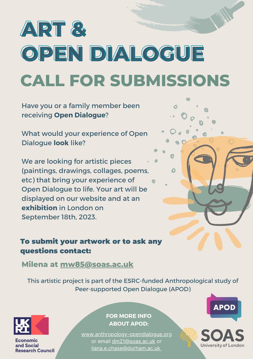 🤔What would your experience of Open Dialogue look like? 
We invite everyone who has received Open Dialogue &amp; their network members to submit artistic work - to be featured on our website and in an exhibit in London on Sept 18!🧑‍🎨
Message us or email mw85@soas.ac.uk for more.