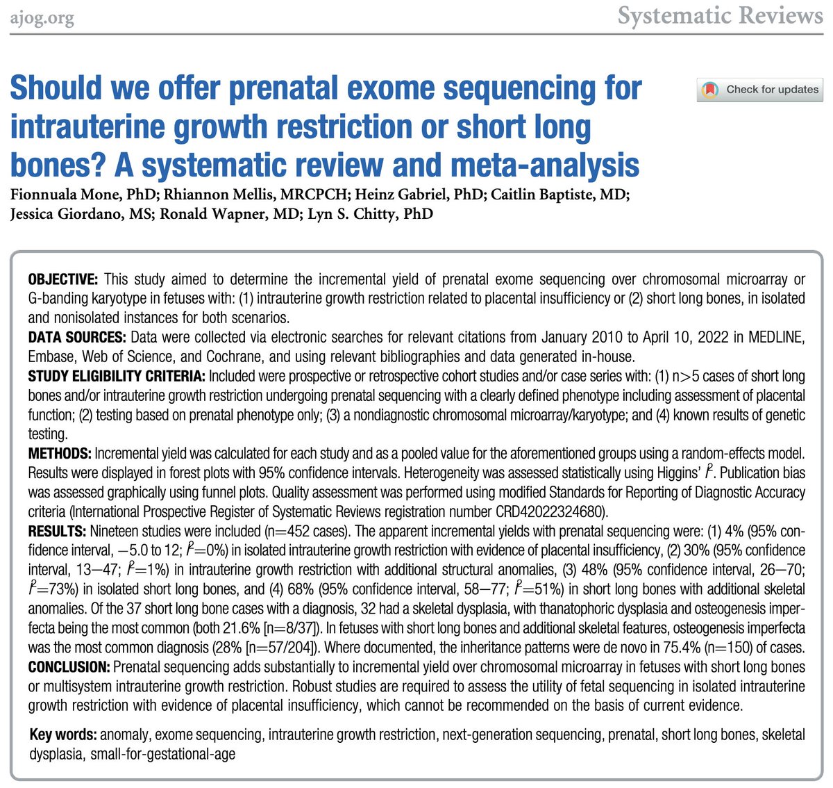 Should we offer prenatal exome sequencing for intrauterine growth restriction or short long bones? A systematic review and meta-analysis ow.ly/ekON50NGQT9