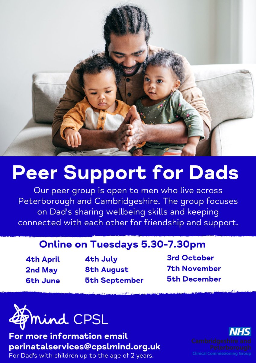 🗣️ Peer Support for Dads This peer group is open to men who live across Peterborough and Cambridgeshire and are facilitated by Mind. The group focuses on Dad's sharing wellbeing skills and keeping connected with each other for friendship and support.