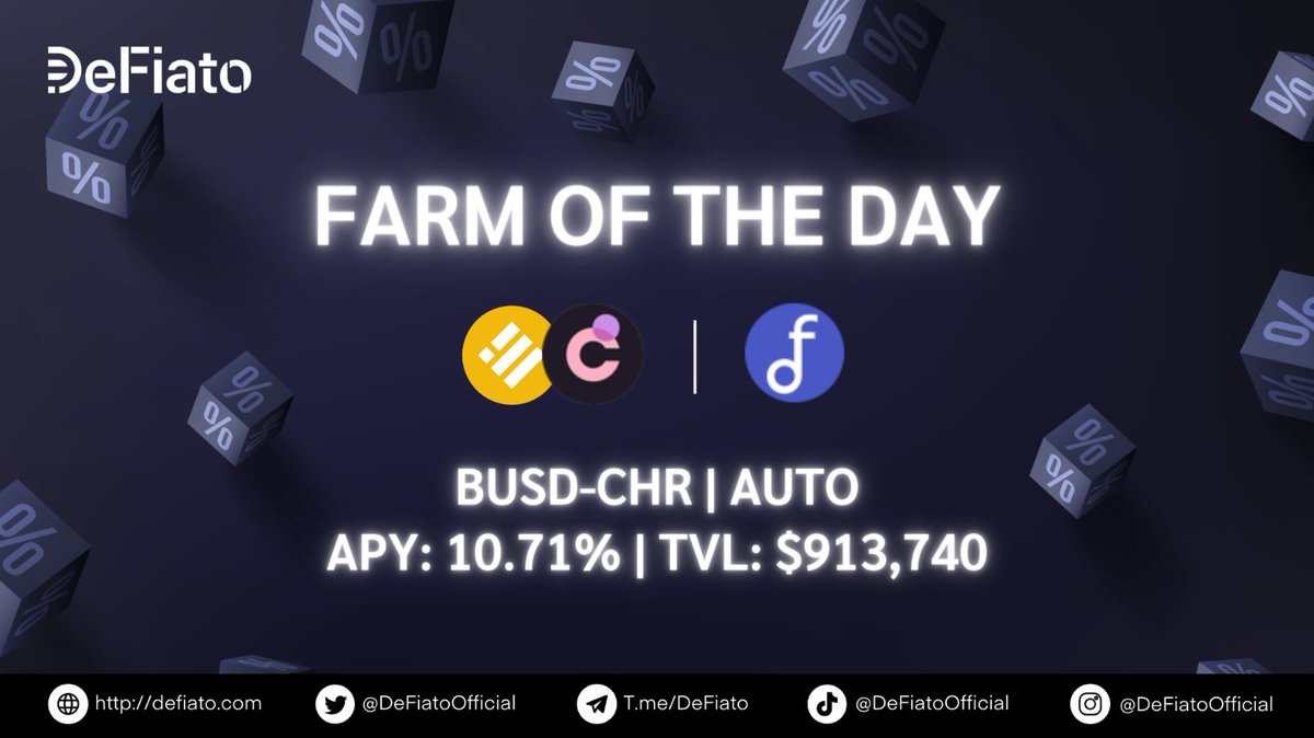 DeFiatoOfficial's tweet photo. Farm of the day: $BUSD - $CHR
From @autofarmnetwork
APY 10.71% | TVL $913,740.00
Start farming on https://t.co/qc6DCkpB2K
#Yieldfarming #DeFiato #Crypto https://t.co/Hyu8ovnj9k