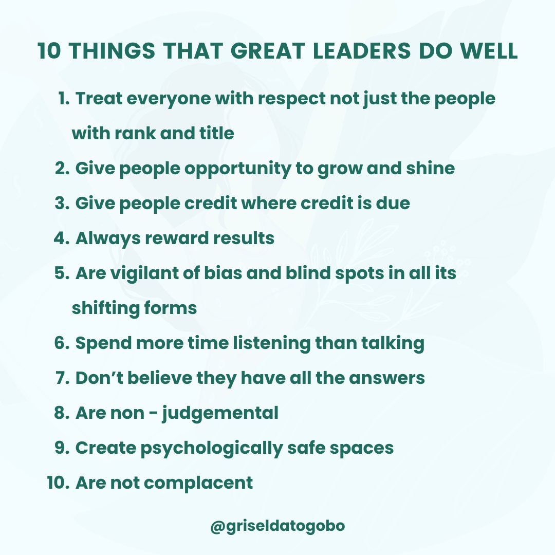 GriseldaTogobo's tweet photo. There are many leaders but the most impactful ones are those who are intentional about their own growth and value learning from others - young and old. We all aspire to work for and with great leaders. Let’s start with ourselves.

Here are 10 things that great leaders do well: https://t.co/VSReKBi5Tg