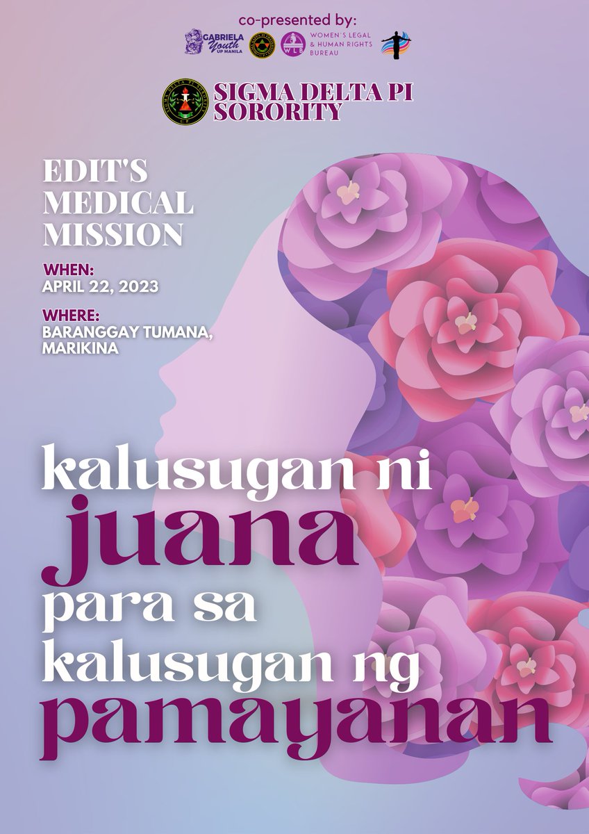 This month, the Sigma Delta Pi Sorority will hold its annual medical mission.  Its goal is to provide general check-up and inquiries, distribute maintenance and first-aid medicine, and supply vitamins to women in Barangay Tumana, Marikina.

Read more: facebook.com/editmanila/pos…