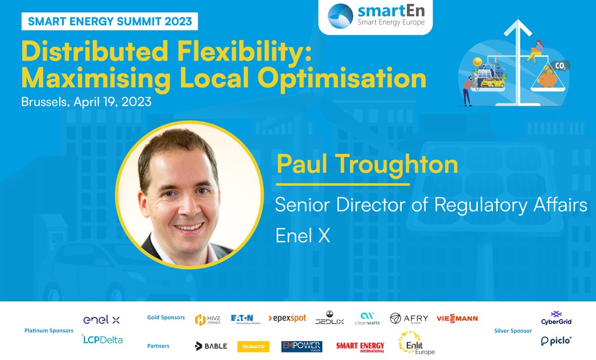 smartEnEU's tweet image. 🗣️ Meet our #SmartEnergySummit2023 speakers!

 We are excited to introduce Paul Troughton, Senior Director of Regulatory Affairs at @EnelXGlobal presenting on the topic of #FlexibleMarkets Monetisation!

A presentation not to be missed!

Register now! 🎫 bit.ly/3jiXWG0