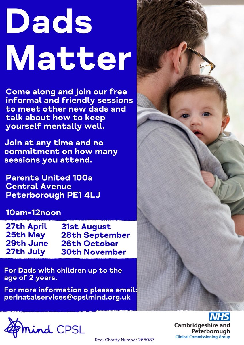 🗣️ Dads Matter Come along and join our free informal and friendly sessions to meet other new dads and talk about how to keep yourself mentally well. You can join at any time and there is no commitment on how many sessions you attend.