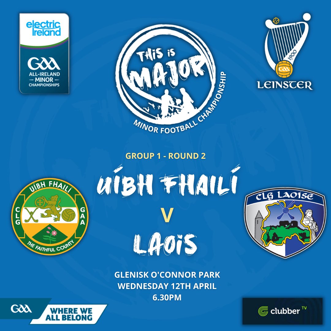 Best of luck to our Minor Footballers tonight Vs <a href="/Offaly_GAA/">Official Offaly GAA</a> at 6.30pm in Glenisk O’Connor Park, Tullamore. 🔵⚪️

Tickets available at: leinstergaa.ie/leinster-gaa-t…