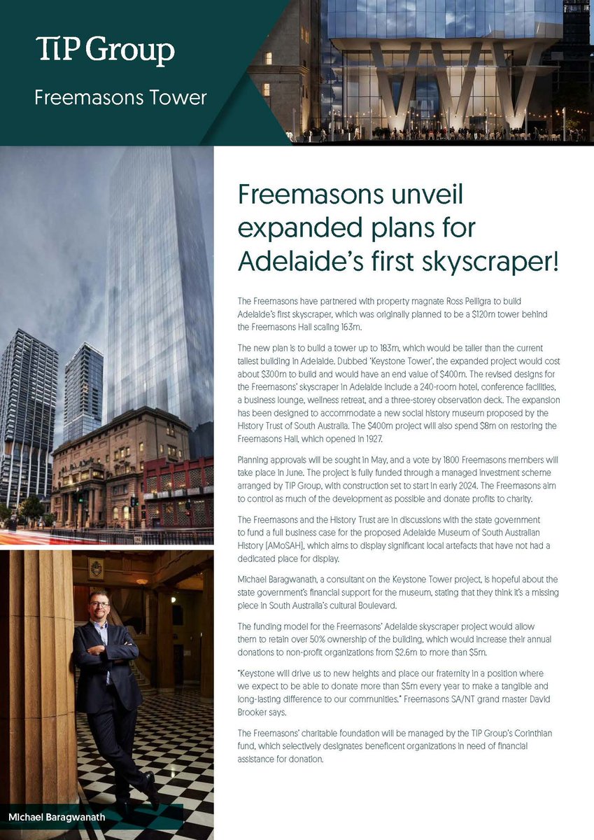 Big news from The Freemasons about their plans for "Keystone Tower"

The Freemasons have unveiled their new plan to build a tower up to 183m, from the previous 163m, which would be taller than the current tallest building in Adelaide.

Read more about this exciting news below!