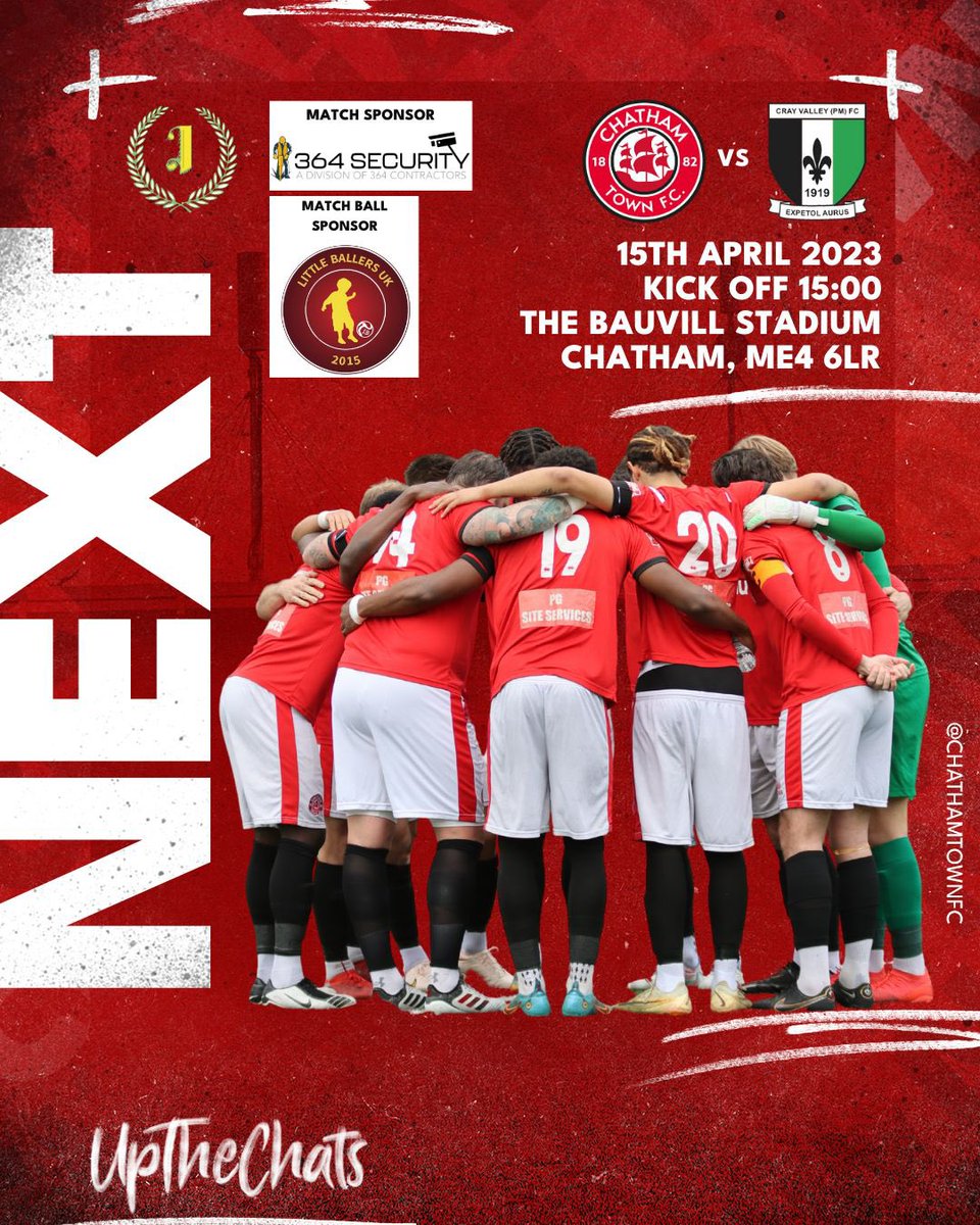 Up Next

📆 Saturday 15th at 3pm
🏆 <a href="/IsthmianLeague/">The Pitching In Isthmian League</a>
🆚 <a href="/CrayValleyPM/">Cray Valley (PM) FC</a>
🏟 Bauvill Stadium
🍺 @BobbysBar1
🍔 Tea Bar &amp; Burger Van
🎟 Adults (£10), Concessions (£6) 

Cash &amp; card on the day but due to high attendance guarantee your ticket now 👇

eventbrite.co.uk/e/chatham-town…

#UptheChats