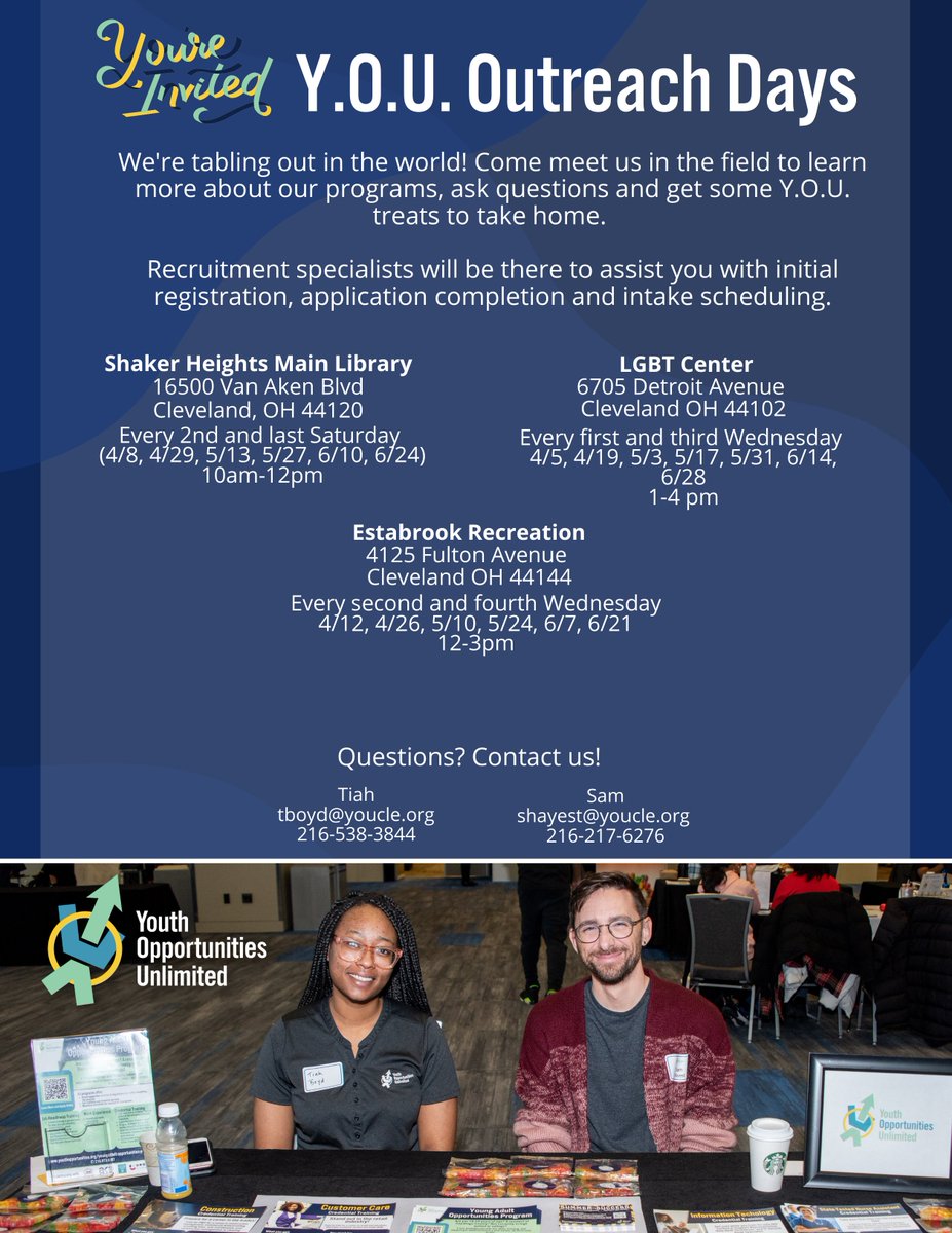 We're out in the community! This week you can find us at Estabrook Rec Center TODAY from 12-2pm! Next week we'll be hanging out at <a href="/LGBTCleveland/">LGBT Community Center of Greater Cleveland</a> from 1-4! <a href="/YOUCleveland/">Youth Opps Unlimited</a> #YOUCLE