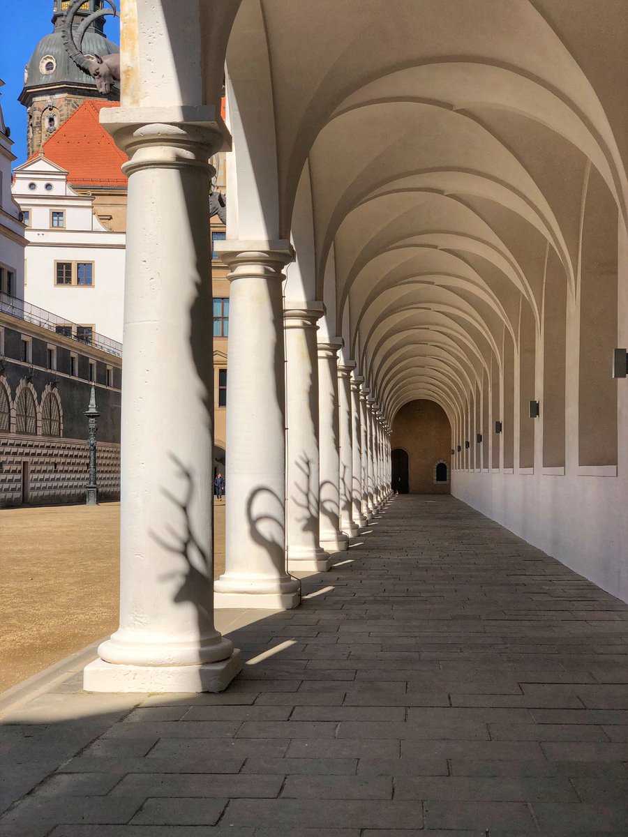 Hochtouren's tweet photo. es ist wieder soweit! die Geweihe steigen herab (nur im April und August ist der Sonnenstand so, dass die Geweihe Schatten an die benachbarte Säulen am Langen Gang im Stallhof werfen #Dresden https://t.co/8GJgQmxwFa