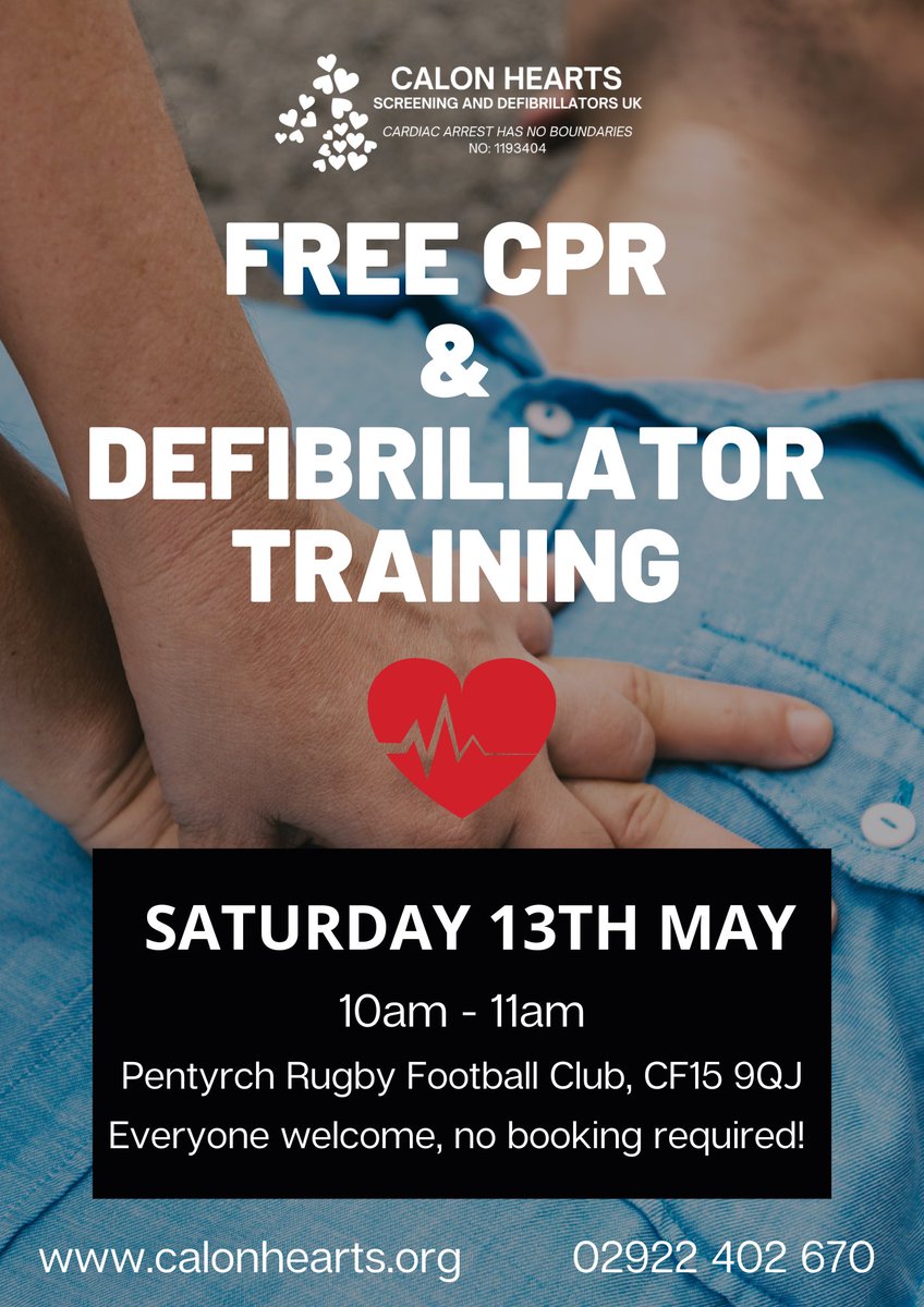 @CalonDefibs <a href="/pentyrch_rfc/">Pentyrch RFC</a> 
Come along to our FREE CPR DEFIBRILLATOR &amp; TRAINING SESSION at 11am on Saturday 13th May 2023 at Pentyrch Rugby Club.

Everyone Welcome ❤️❤️❤️