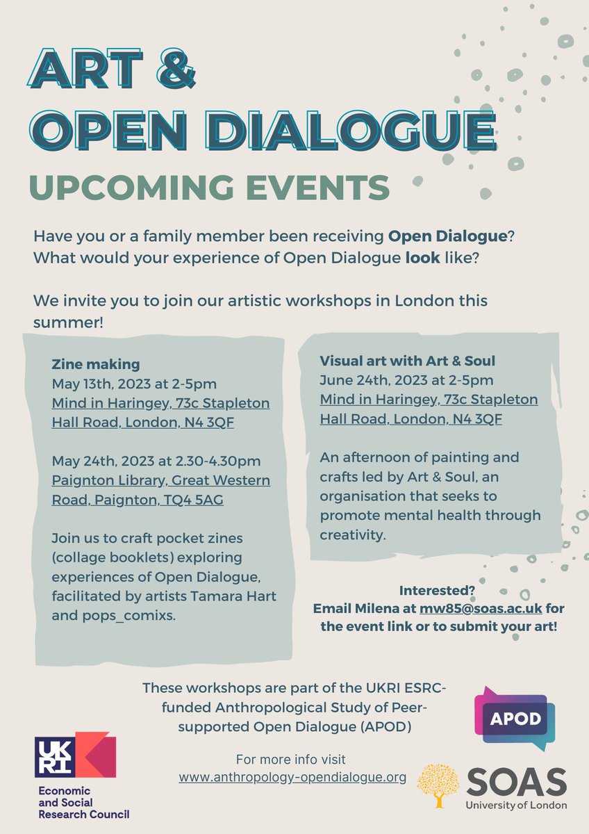 Thrilled to share a fantastic line-up of free creative workshops, in collab with talented artists working in mental health! 🎨 

Zine-making, London - May 13: eventbrite.co.uk/e/596674979927
Zine-making, Devon - May 24: eventbrite.co.uk/e/602429582097
Visual art, London - June 24 : coming soon!