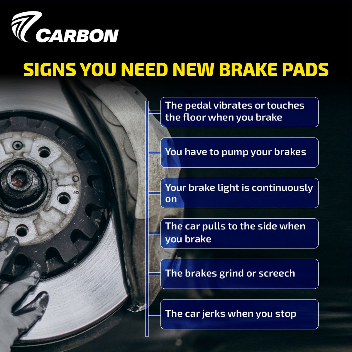 Safety should never be compromised.

It’s essential to be aware of the signs of what could be potentially worn-out brake pads so that you know when to visit #CarbonCarCare.
.
.
.
#CarCare #BrakePads #CarBrakePads