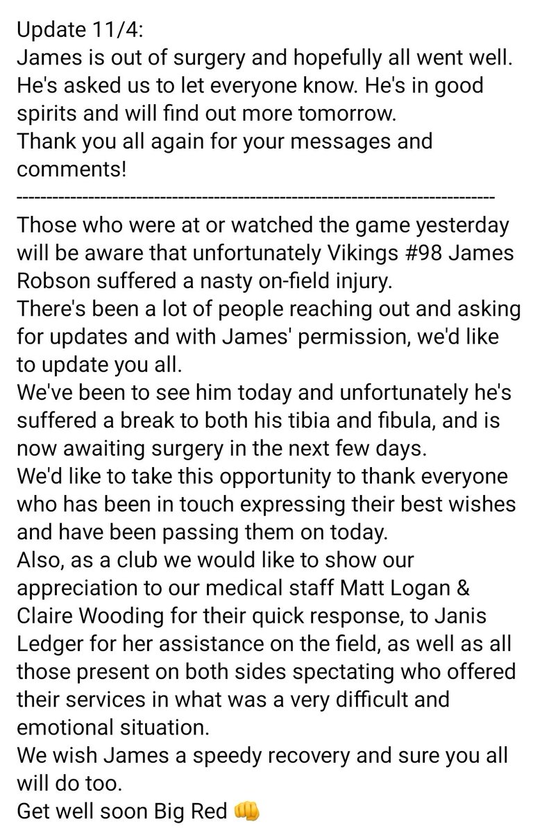 vikings_afc's tweet photo. Shout out to Big Red, #98 James Robson, after a nasty injury in Sunday's game. We all wish him the best for his recovery 💪 https://t.co/RekFqcFbXO