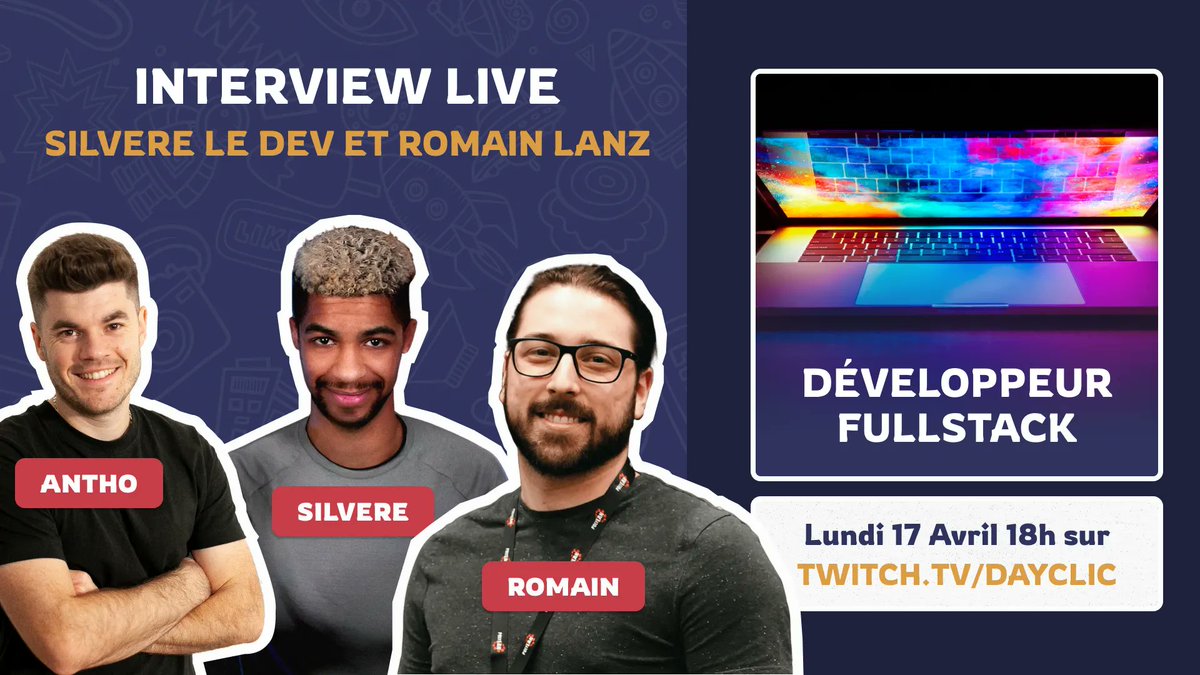 Est-il possible de devenir développeur fullstack ? C'est la question à laquelle nous allons tenter de répondre avec <a href="/silvereledev/">SILVERE LE DEV</a> et <a href="/romainlanz/">Romain Lanz</a> sur le Twitch de la chaîne Dayclic 

📅 Rendez-vous ce lundi 17 Avril à 18h pour échanger

🫶 Likes et RT appréciés