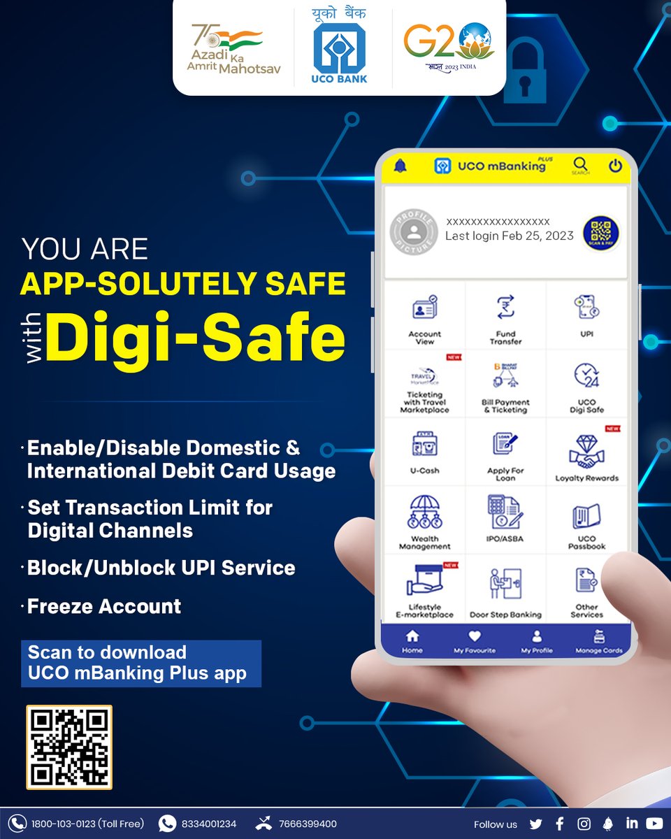UCOBankOfficial's tweet photo. Navigate your #DigitalWorld safely with #DigiSafe of the UCO mBanking Plus app. T&C Apply. #DigitalSafety #UCOBank #UCOTURNS80 #Banking #DigitalBanking https://t.co/ihGuVybL2u