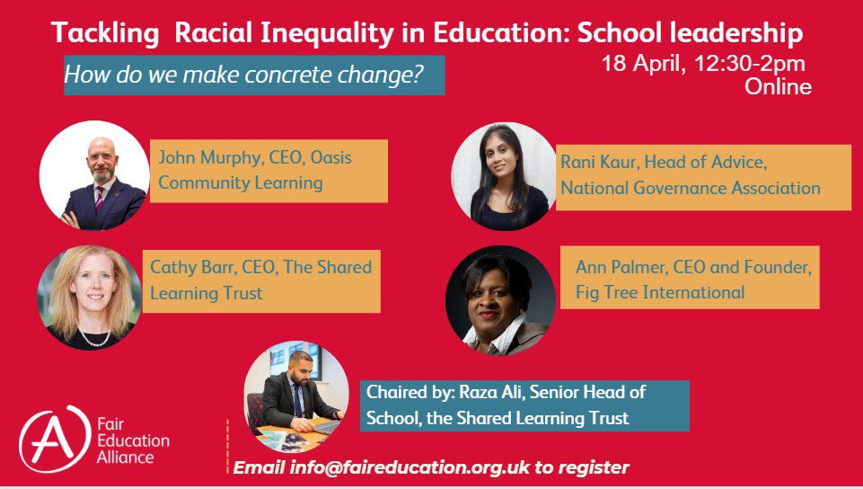 Pleased to be part of next week’s important discussion on building more racially diverse leadership teams in education @_TheFEA @MrRazaAli1 @Ann_Palmer20 @_TSLT