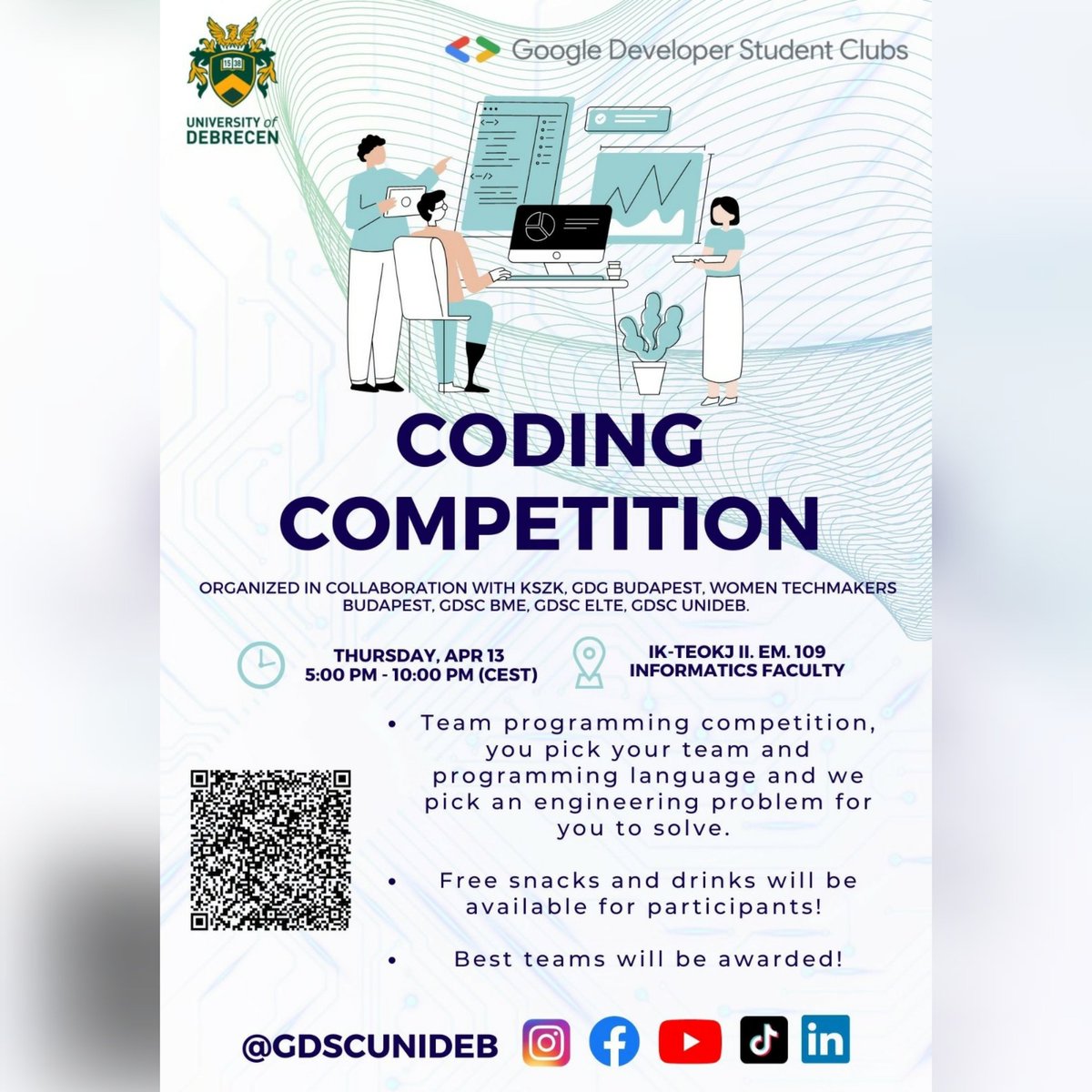 We are back with a Coding Competition Event! 

DATE: 13th April (Thursday) at 5pm CEST.

VENUE: Room-109, 2nd floor, TEOKJ Building, Kassai Campus, Debrecen.

🔗Apply here:
gdsc.community.dev/events/details…