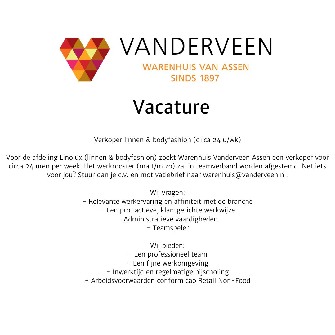 Ben of ken jij de persoon die wij zoeken? 
Stuur dan je c.v. en motivatiebrief naar warenhuis@vanderveen.nl.