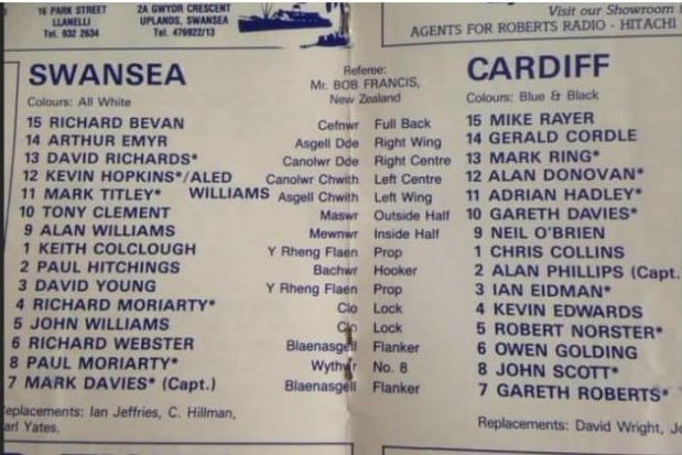 37 years ago today Swansea V Cardiff at St Helens , 25 V 10 win for the all Whites.