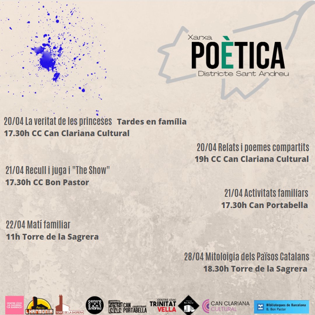 Ja arriba Sant Jordi i des de la Xarxa us volem proposar diferents activitats per a grans i petits!📖

Acompanya'ns i gaudeix de tots els actes que s'han preparat! 🎈

#DistricteSantAndreu #poesiaes #poesia #poeta #versos #carrers #poemes