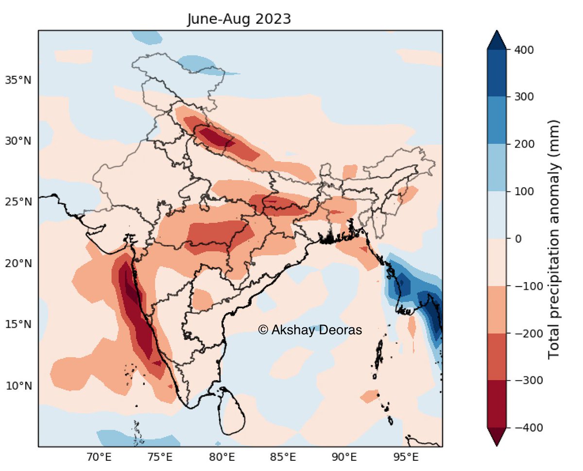 akshaydeoras's tweet image. How much monsoon rainfall deficit are leading models predicting over India? 

The CFSv2 model is predicting a moderate El Niño event during the summer monsoon season. It's simulating a strong rainfall deficit over the monsoon core zone and west coast of India. 

#Monsoon2023