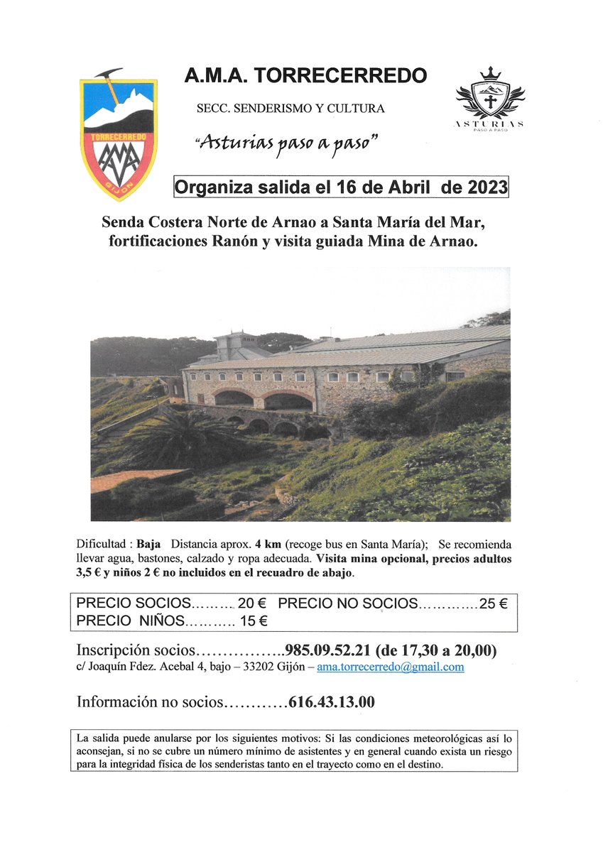 La sección "Asturias paso a paso" de <a href="/AMATorrecerredo/">Agrupación Montañera</a> irá este domingo 16 de abril a Arnao, con visita opcional a la mina.